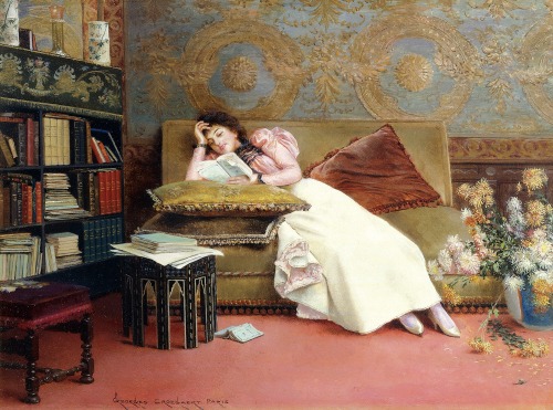 Leisure Hours, (oil on panel) by Croegaert, Georges (1848-1923); 23.5x33 cm; Private Collection; (add.info.: Leisure Hours. Georges Croegaert (1848-1923). Oil on panel. 23.5 x 33cm.); Photo © Christie's Images; Belgian,  out of copyright
